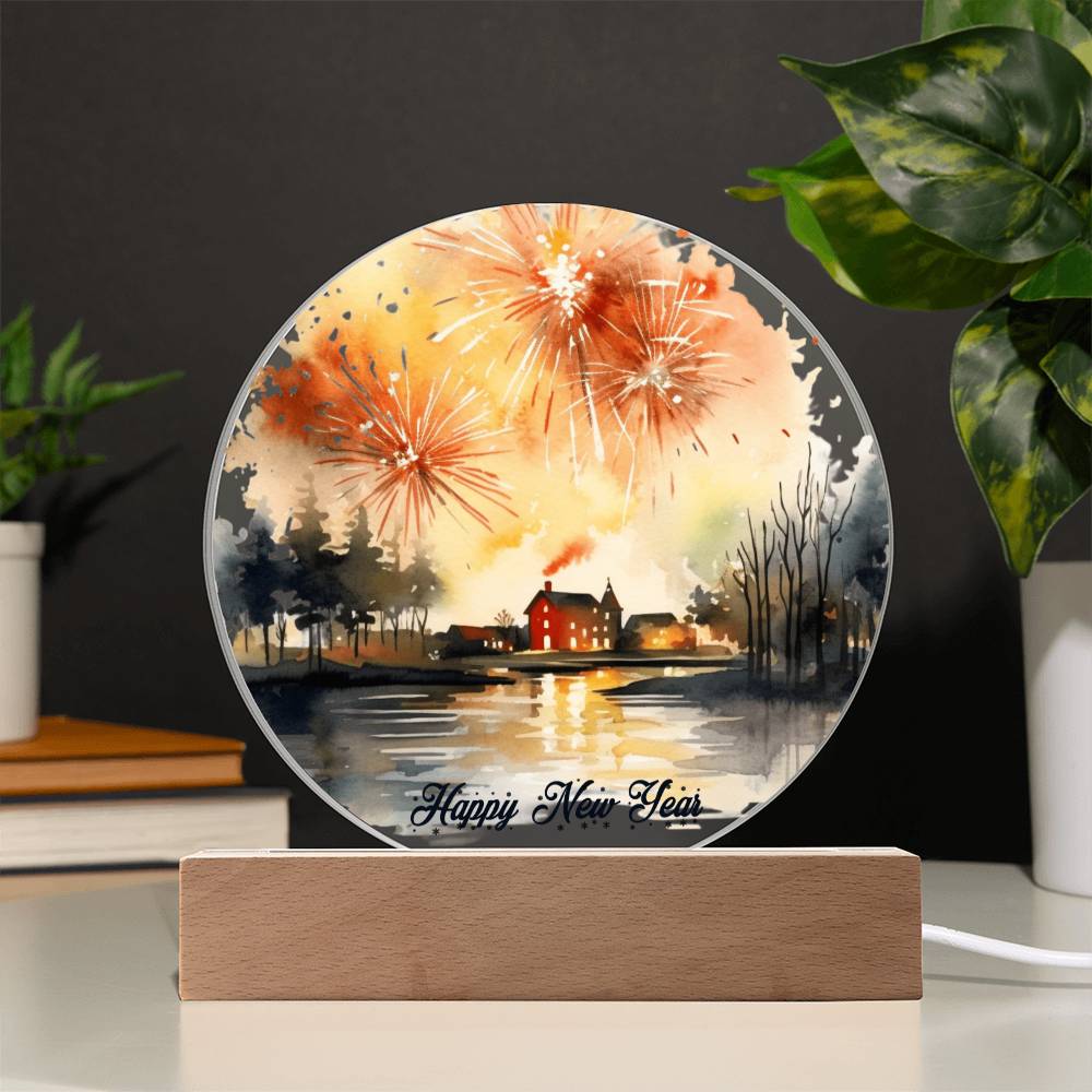 2026 Cityscape Fireworks: Vibrant Watercolor Circular Acrylic Plaque - Perfect New Year's Gift!