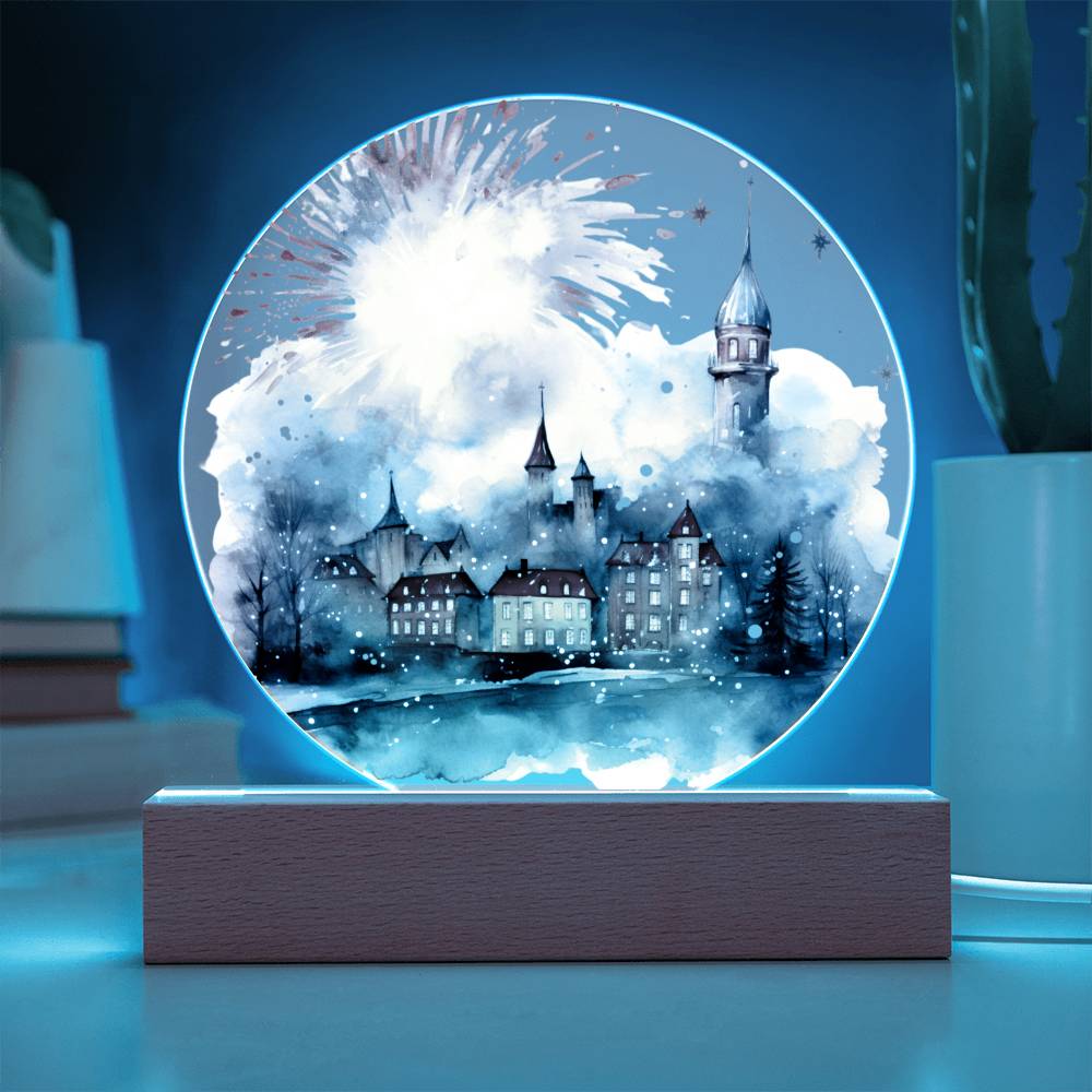Radiant 2026 Cityscape Fireworks: Hand-Painted Circular Acrylic Plaque - Stunning New Year's Gift!