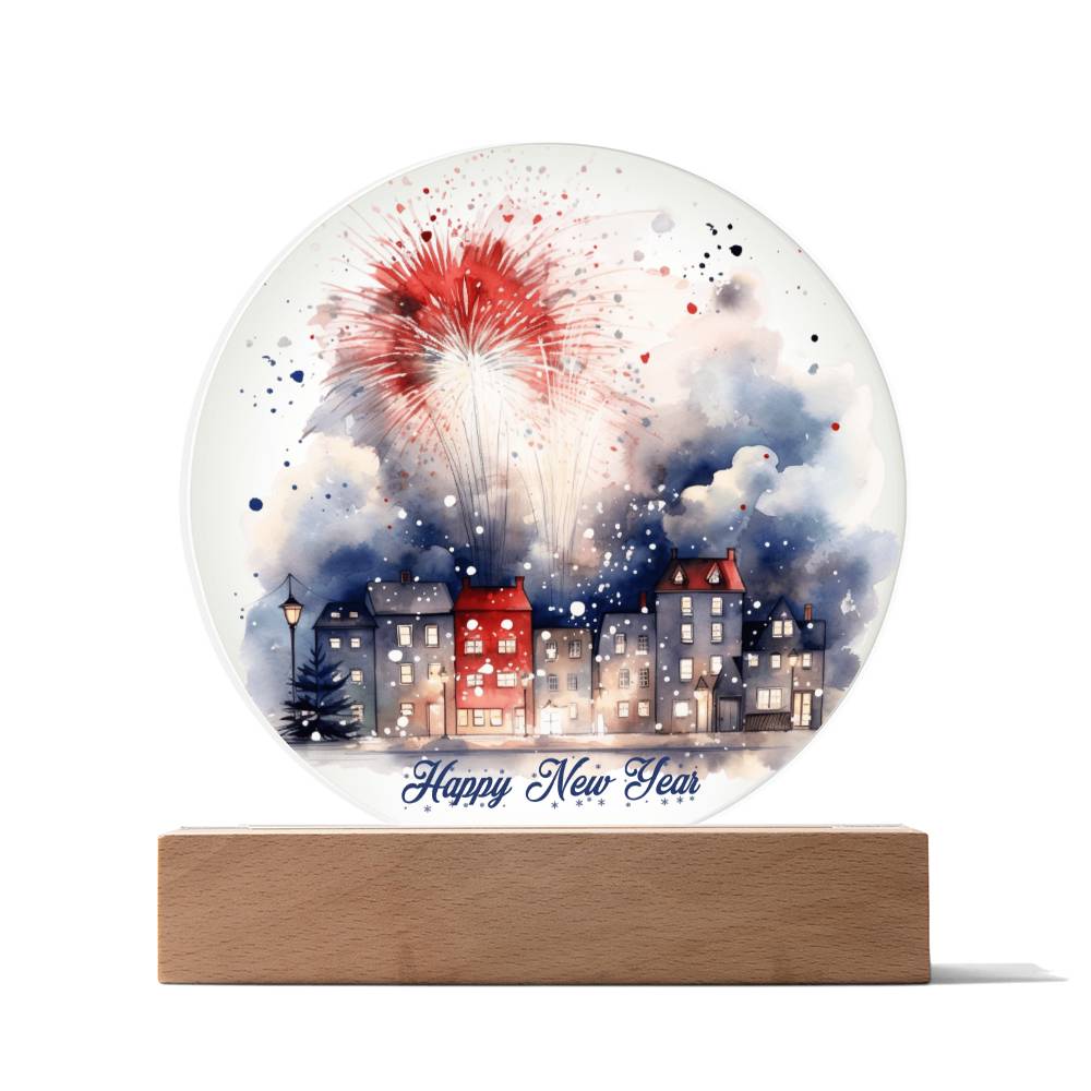 City Lights 2026: Fireworks Celebration in Watercolor - Circular Acrylic Plaque for a Festive New Year!