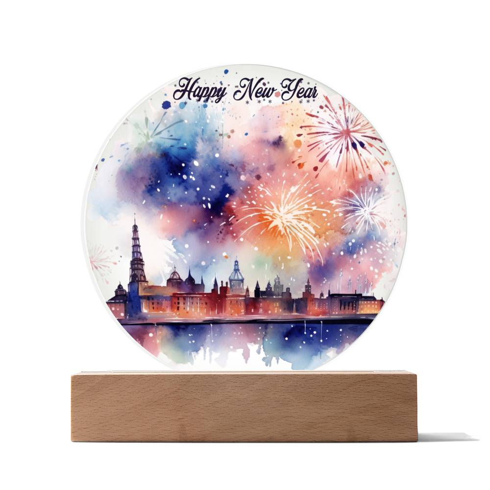 New Year 2026 Celebration: City Skyline Fireworks on Circular Acrylic Plaque - Unique Gift Idea!