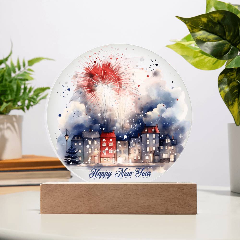 City Lights 2026: Fireworks Celebration in Watercolor - Circular Acrylic Plaque for a Festive New Year!