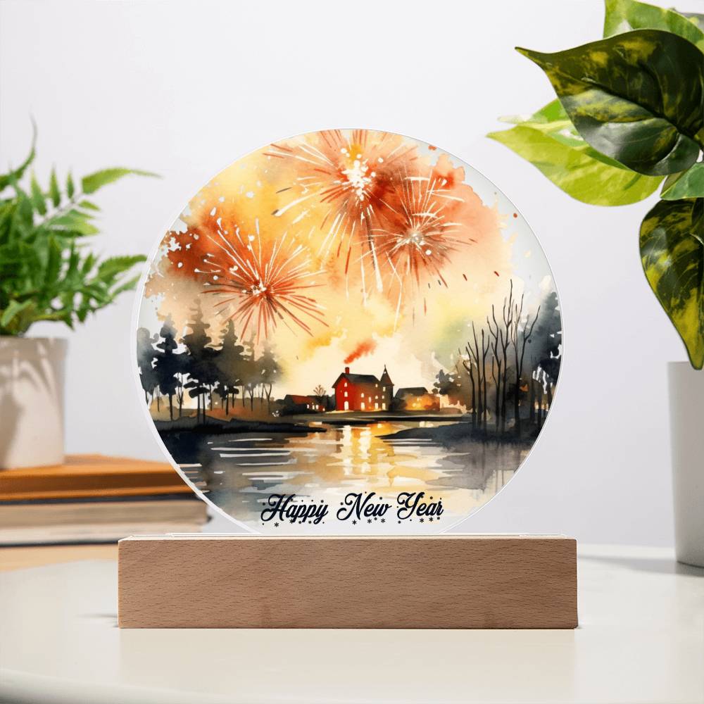 2026 Cityscape Fireworks: Vibrant Watercolor Circular Acrylic Plaque - Perfect New Year's Gift!