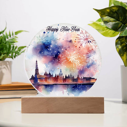 New Year 2026 Celebration: City Skyline Fireworks on Circular Acrylic Plaque - Unique Gift Idea!