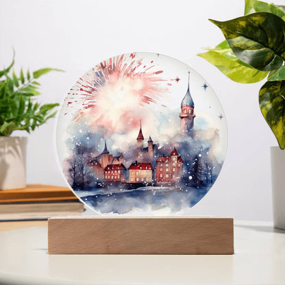 Radiant 2026 Cityscape Fireworks: Hand-Painted Circular Acrylic Plaque - Stunning New Year's Gift!