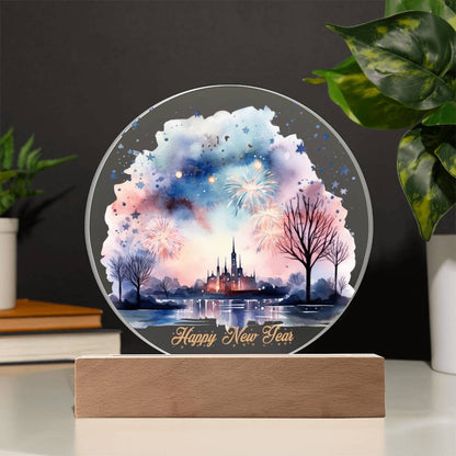 Captivating 2026 City Skyline Fireworks: Handcrafted Watercolor Circular Acrylic Plaque - Unique New Year's Gift!