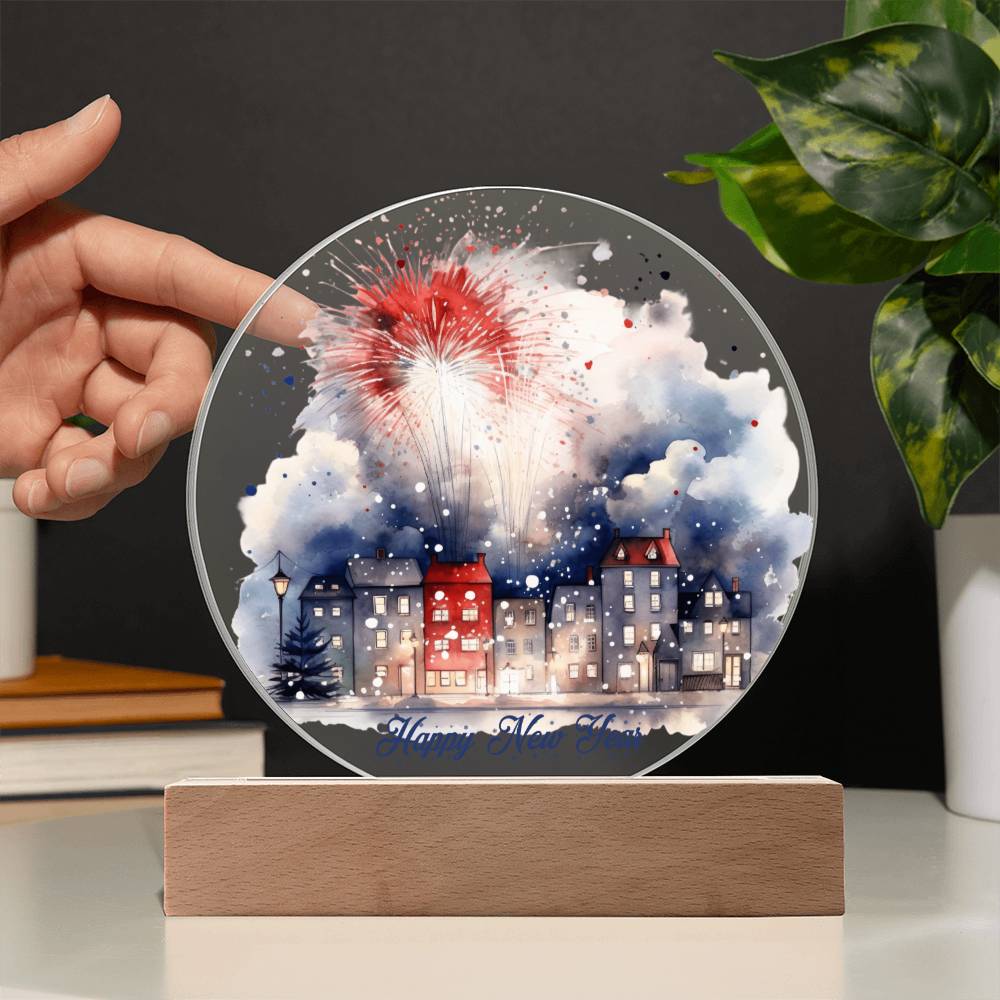 City Lights 2026: Fireworks Celebration in Watercolor - Circular Acrylic Plaque for a Festive New Year!