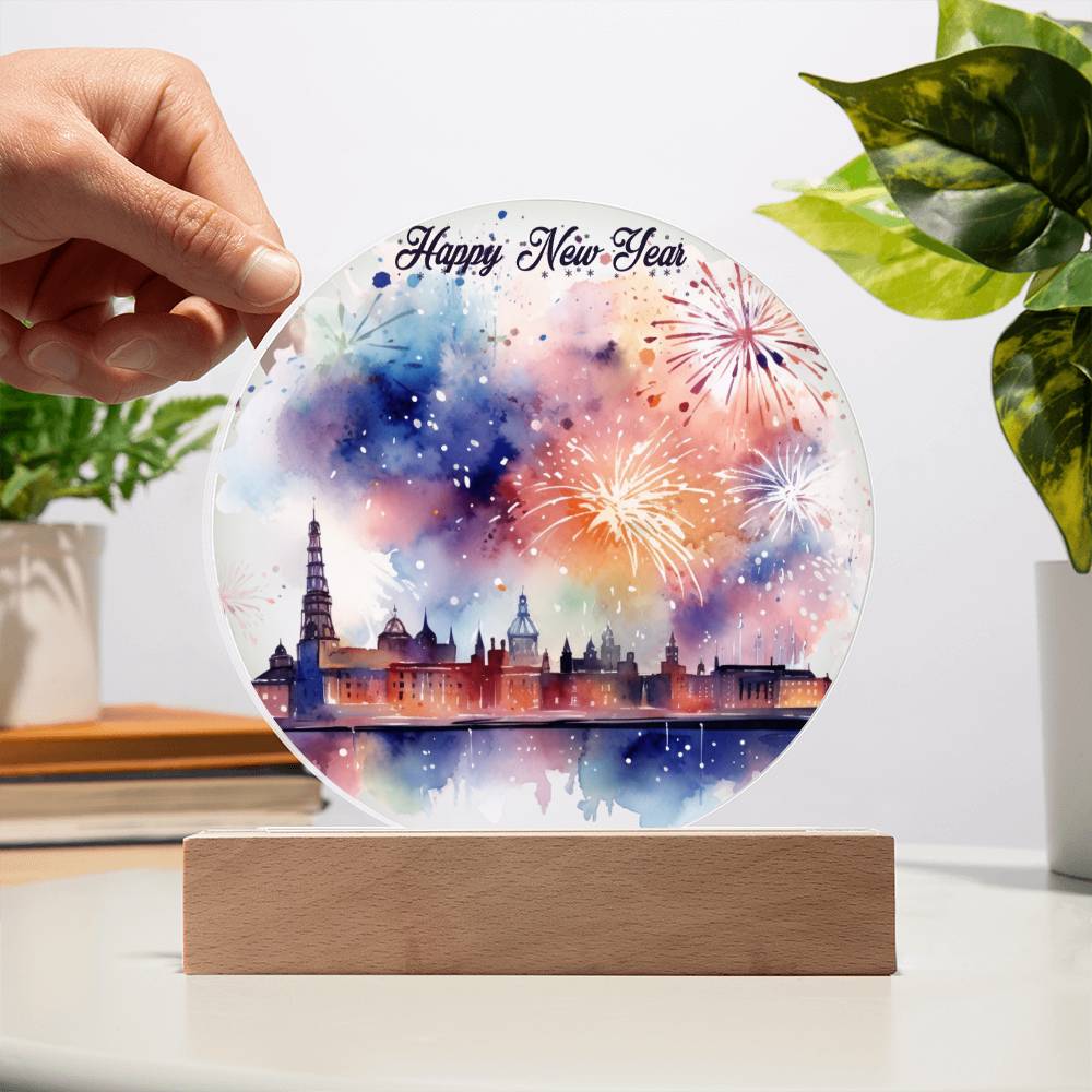 New Year 2026 Celebration: City Skyline Fireworks on Circular Acrylic Plaque - Unique Gift Idea!