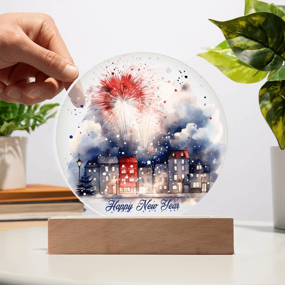 City Lights 2026: Fireworks Celebration in Watercolor - Circular Acrylic Plaque for a Festive New Year!
