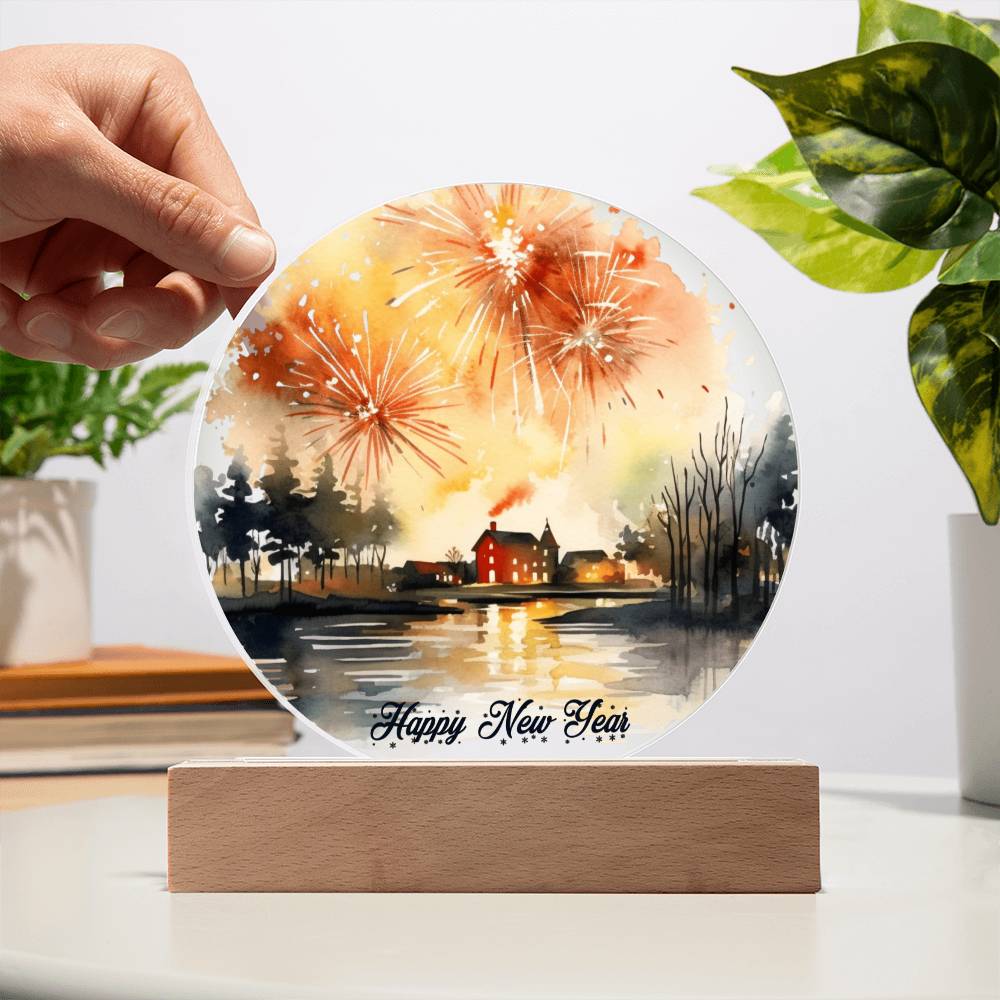 2026 Cityscape Fireworks: Vibrant Watercolor Circular Acrylic Plaque - Perfect New Year's Gift!
