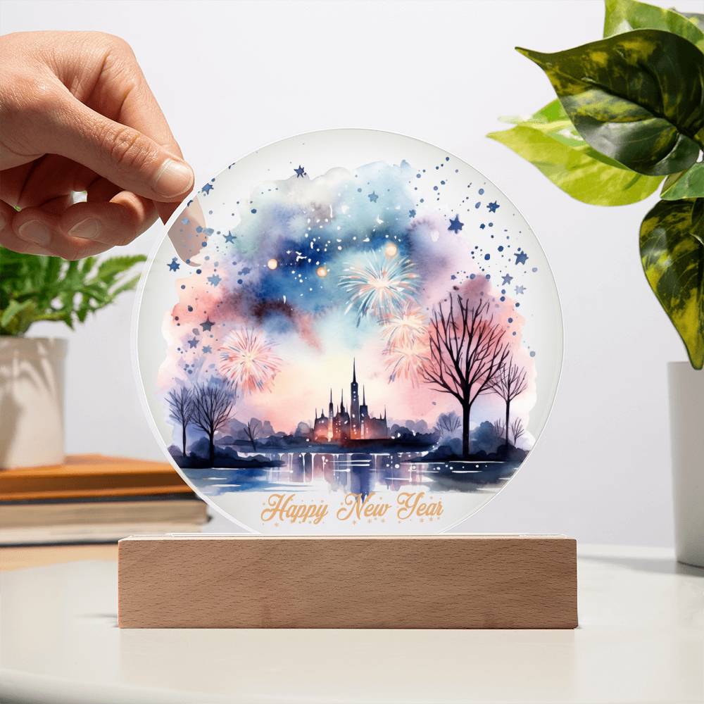 Captivating 2026 City Skyline Fireworks: Handcrafted Watercolor Circular Acrylic Plaque - Unique New Year's Gift!