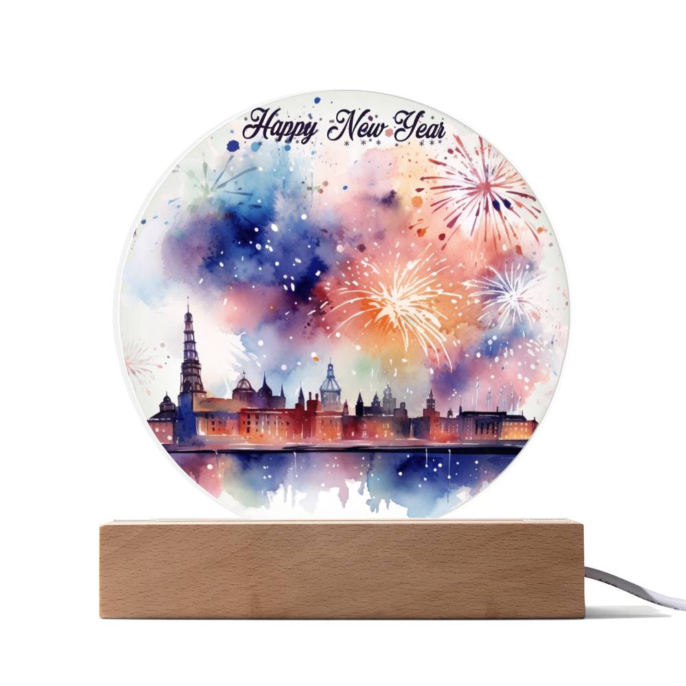 New Year 2026 Celebration: City Skyline Fireworks on Circular Acrylic Plaque - Unique Gift Idea!