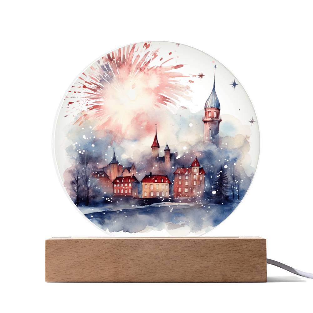 Radiant 2026 Cityscape Fireworks: Hand-Painted Circular Acrylic Plaque - Stunning New Year's Gift!