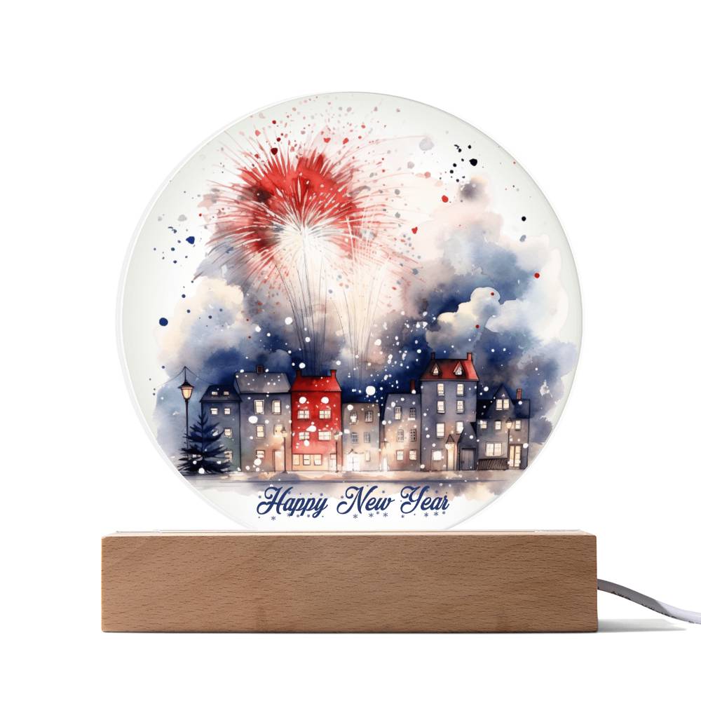 City Lights 2026: Fireworks Celebration in Watercolor - Circular Acrylic Plaque for a Festive New Year!