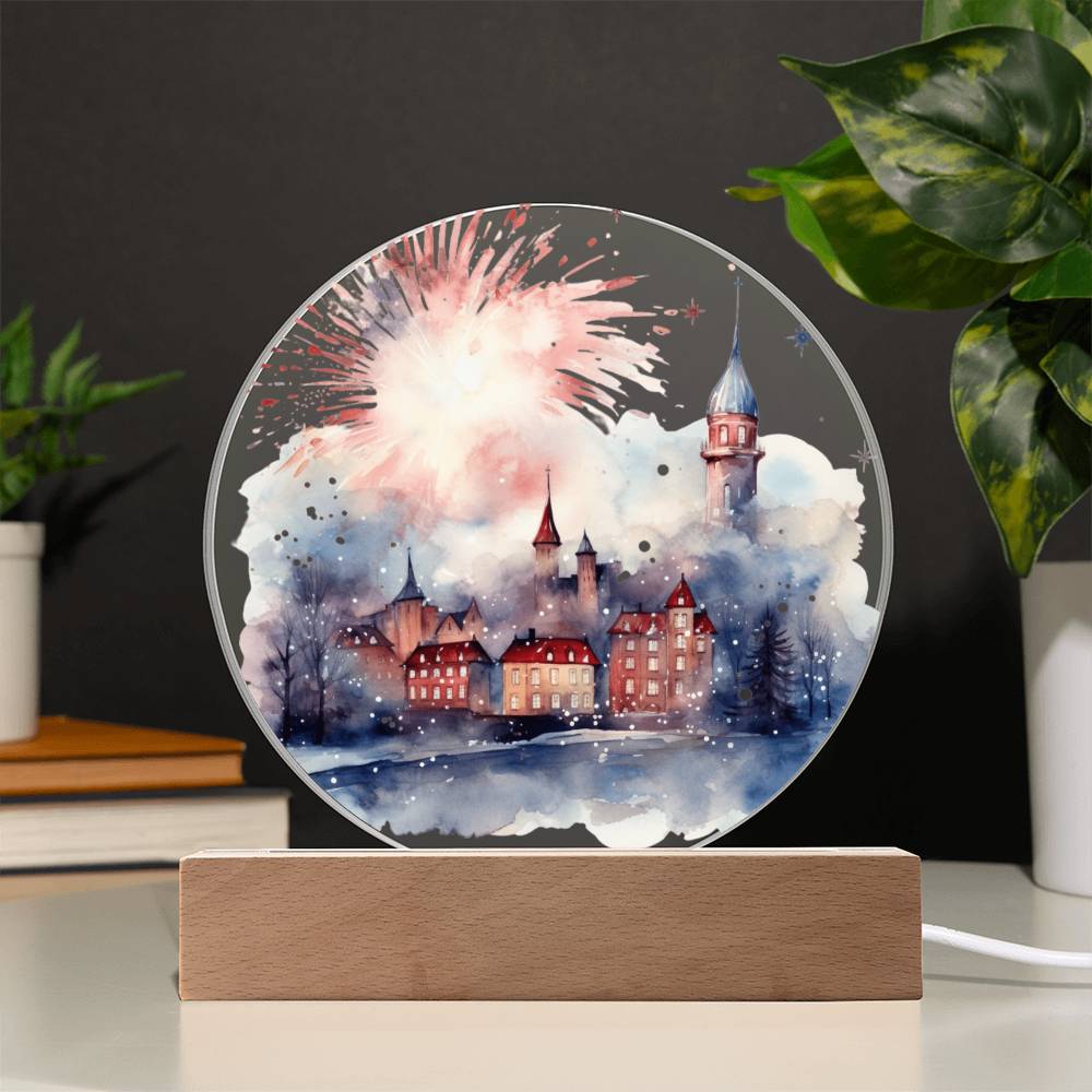 Radiant 2026 Cityscape Fireworks: Hand-Painted Circular Acrylic Plaque - Stunning New Year's Gift!