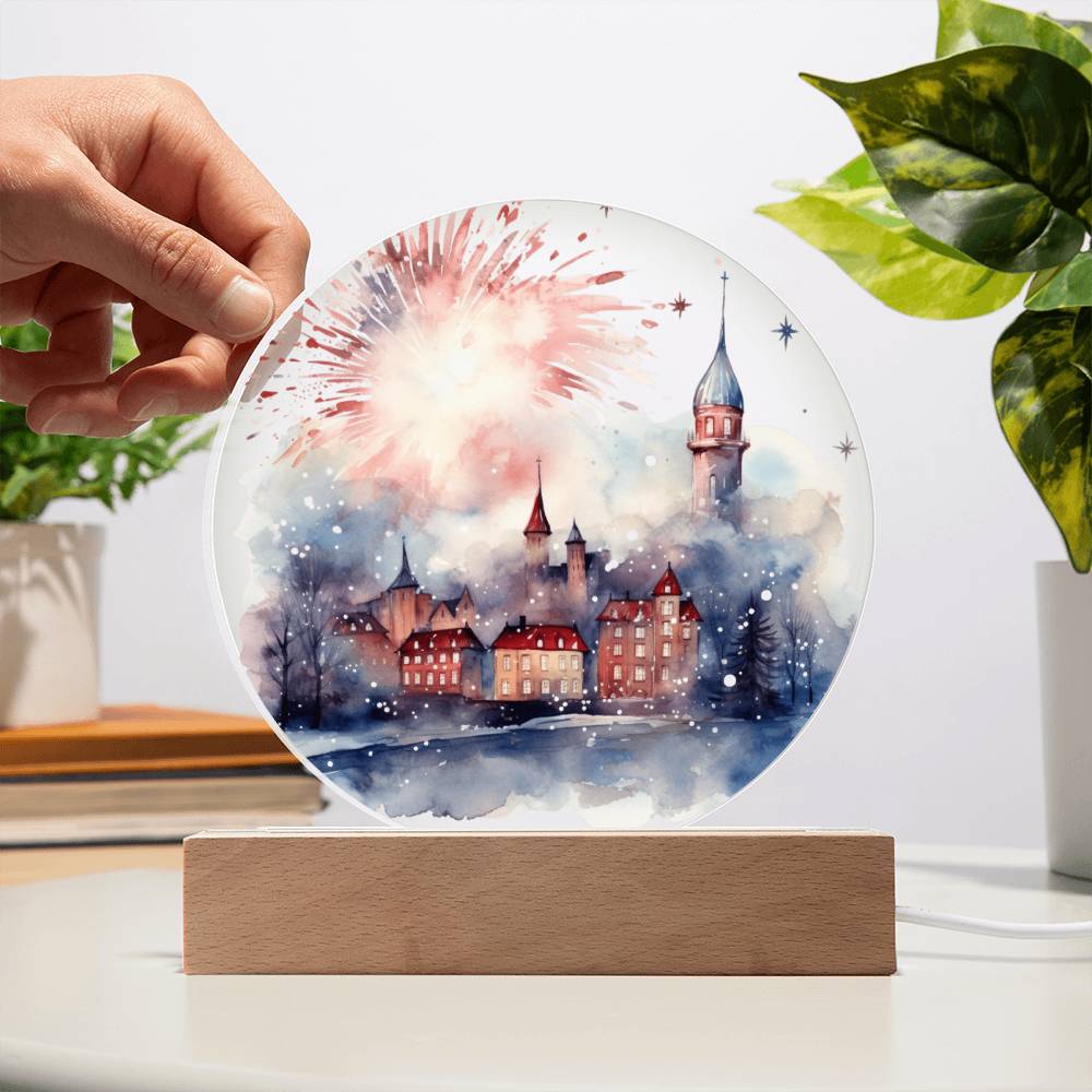 Radiant 2026 Cityscape Fireworks: Hand-Painted Circular Acrylic Plaque - Stunning New Year's Gift!