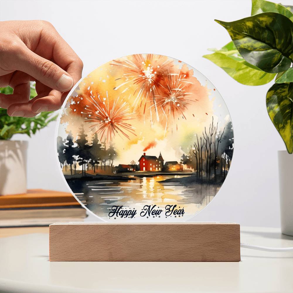2026 Cityscape Fireworks: Vibrant Watercolor Circular Acrylic Plaque - Perfect New Year's Gift!