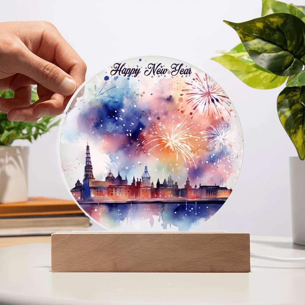 New Year 2026 Celebration: City Skyline Fireworks on Circular Acrylic Plaque - Unique Gift Idea!