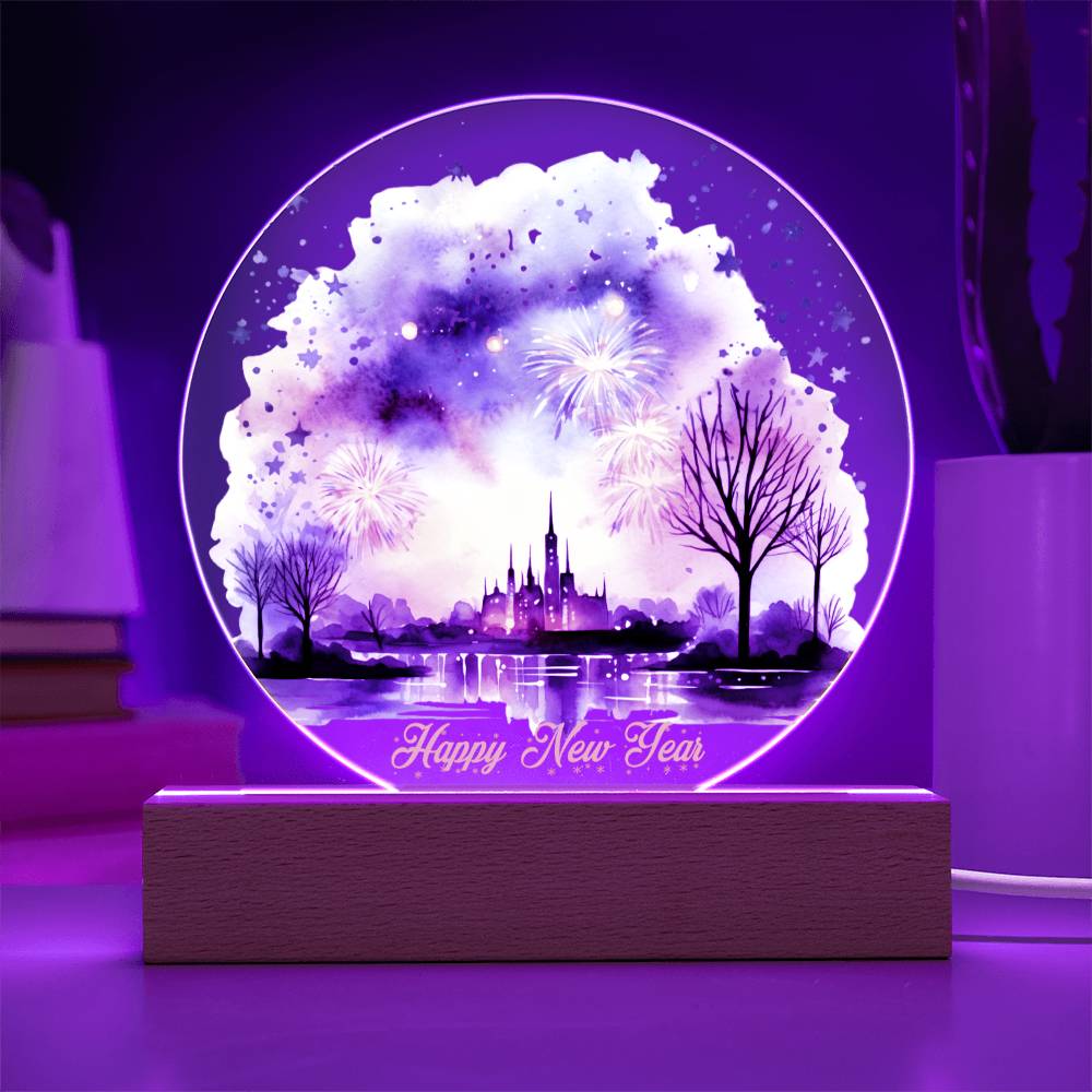 Captivating 2026 City Skyline Fireworks: Handcrafted Watercolor Circular Acrylic Plaque - Unique New Year's Gift!