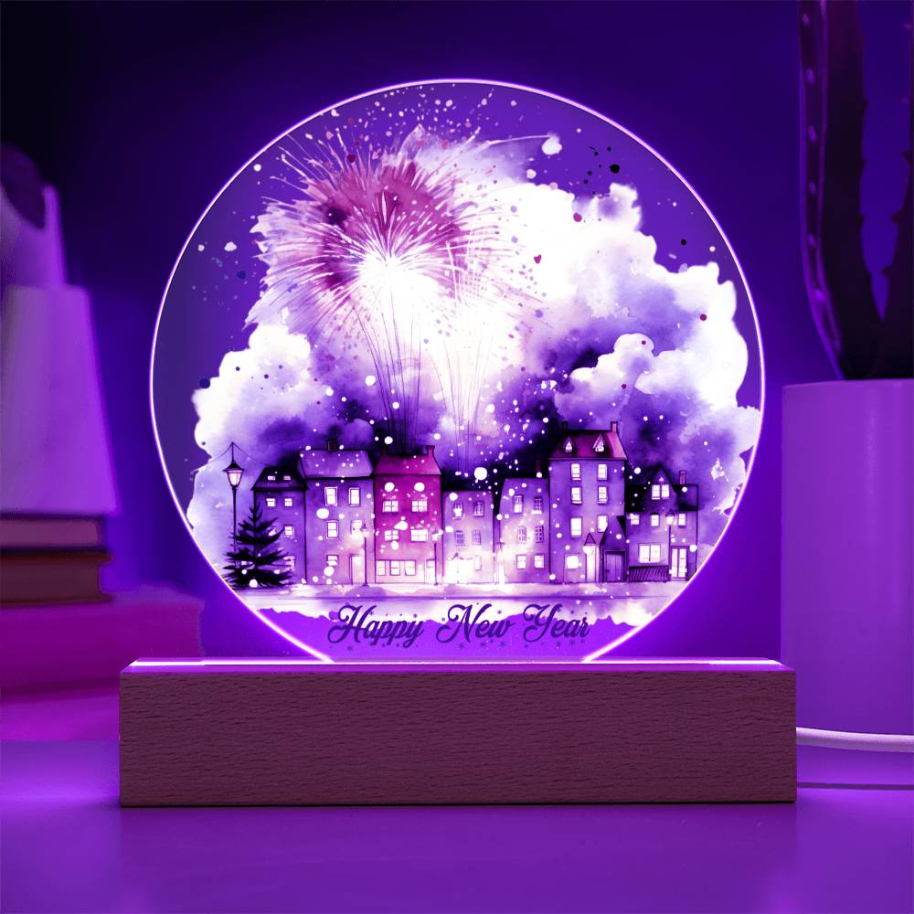 City Lights 2026: Fireworks Celebration in Watercolor - Circular Acrylic Plaque for a Festive New Year!