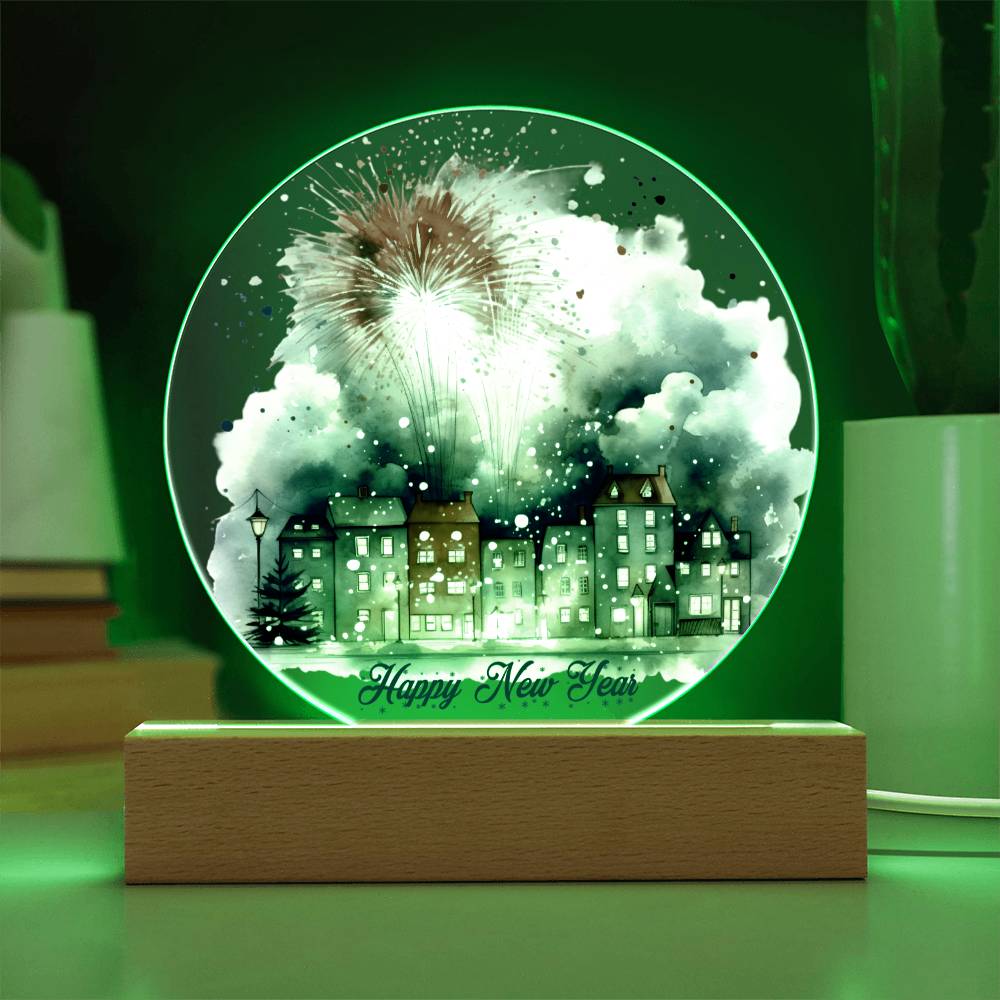 City Lights 2026: Fireworks Celebration in Watercolor - Circular Acrylic Plaque for a Festive New Year!