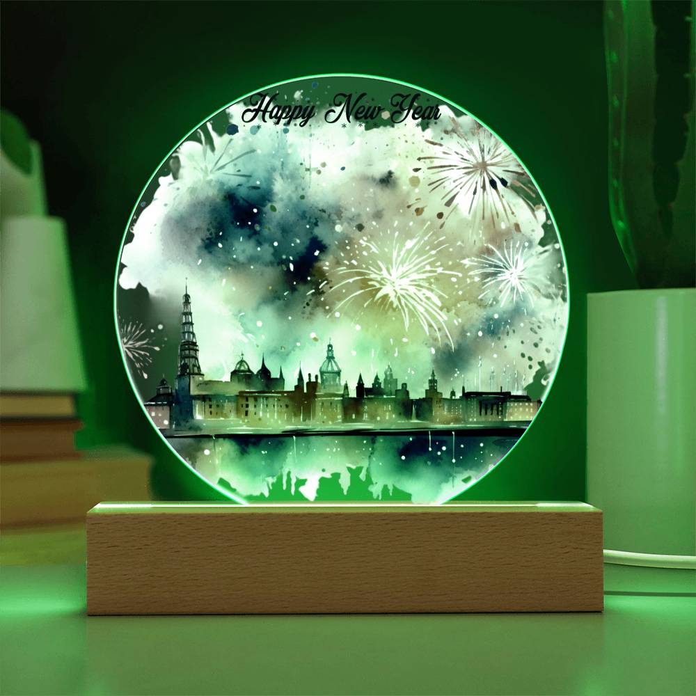 New Year 2026 Celebration: City Skyline Fireworks on Circular Acrylic Plaque - Unique Gift Idea!