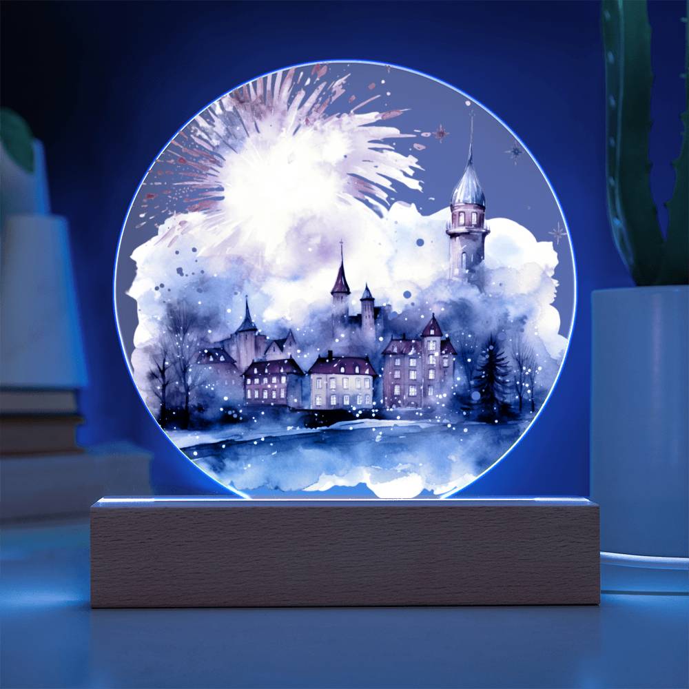Radiant 2026 Cityscape Fireworks: Hand-Painted Circular Acrylic Plaque - Stunning New Year's Gift!