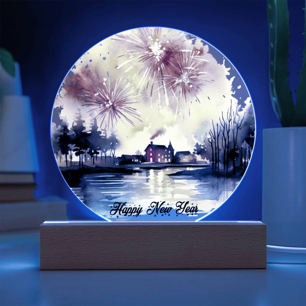 2026 Cityscape Fireworks: Vibrant Watercolor Circular Acrylic Plaque - Perfect New Year's Gift!