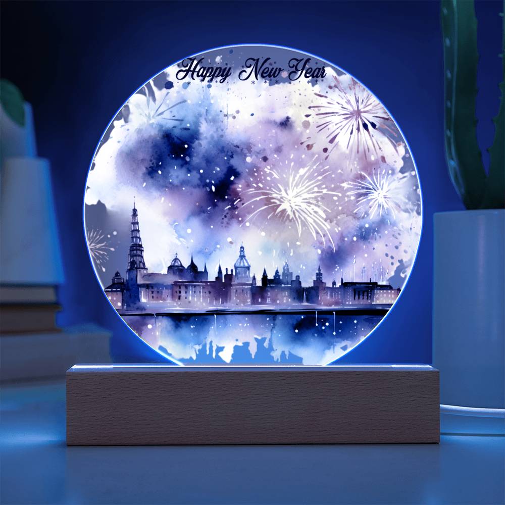 New Year 2026 Celebration: City Skyline Fireworks on Circular Acrylic Plaque - Unique Gift Idea!