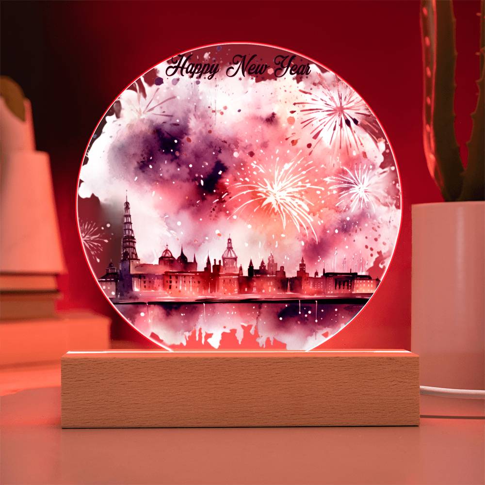 New Year 2026 Celebration: City Skyline Fireworks on Circular Acrylic Plaque - Unique Gift Idea!