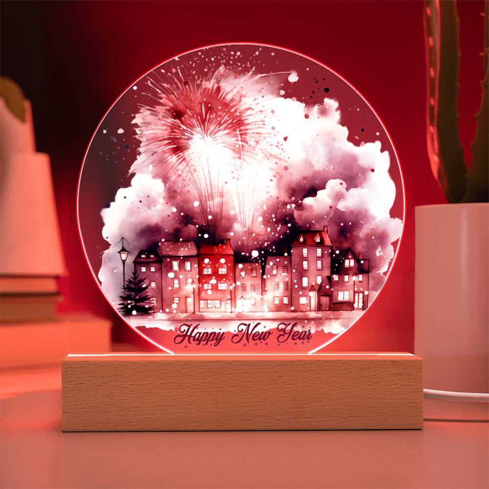 City Lights 2026: Fireworks Celebration in Watercolor - Circular Acrylic Plaque for a Festive New Year!