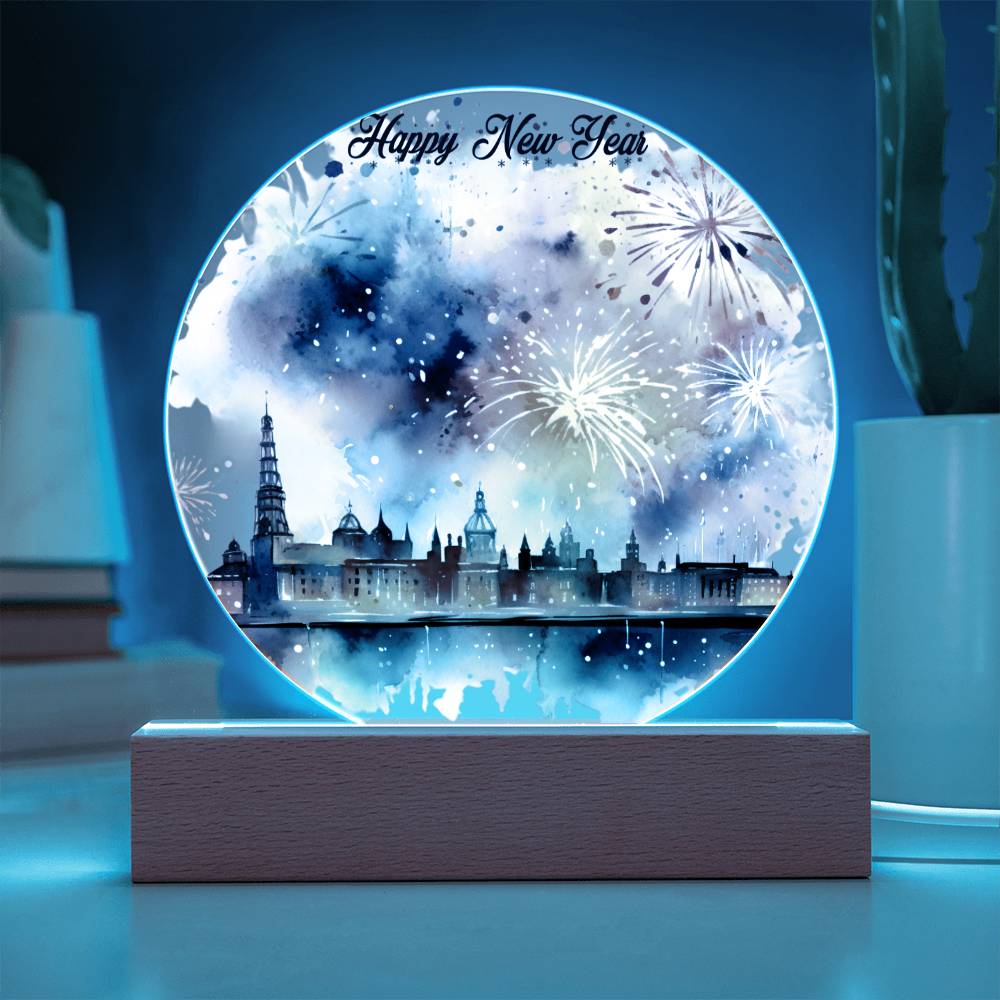 New Year 2026 Celebration: City Skyline Fireworks on Circular Acrylic Plaque - Unique Gift Idea!