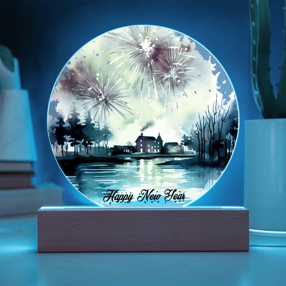 2026 Cityscape Fireworks: Vibrant Watercolor Circular Acrylic Plaque - Perfect New Year's Gift!