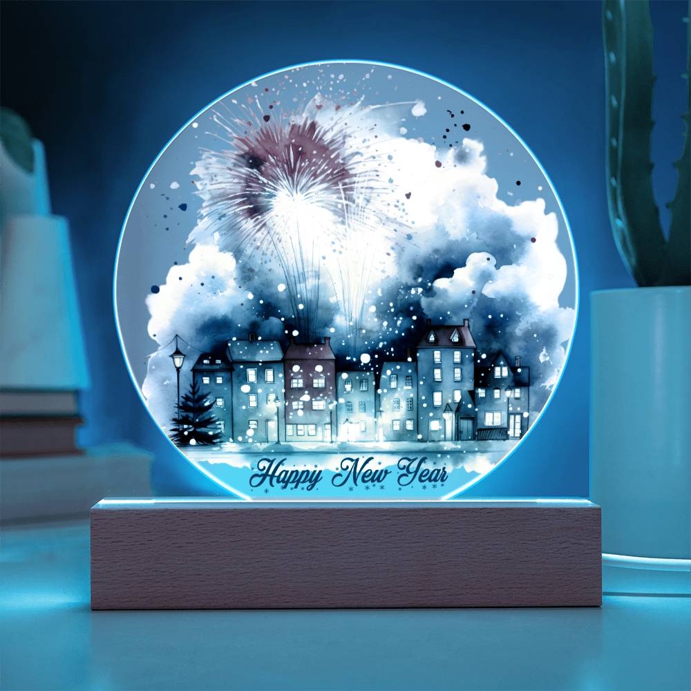 City Lights 2026: Fireworks Celebration in Watercolor - Circular Acrylic Plaque for a Festive New Year!