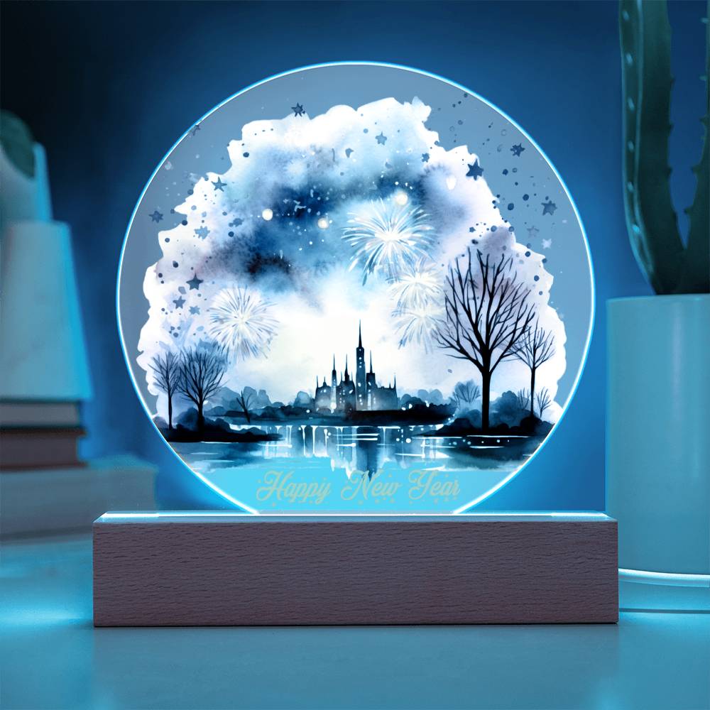 Captivating 2026 City Skyline Fireworks: Handcrafted Watercolor Circular Acrylic Plaque - Unique New Year's Gift!